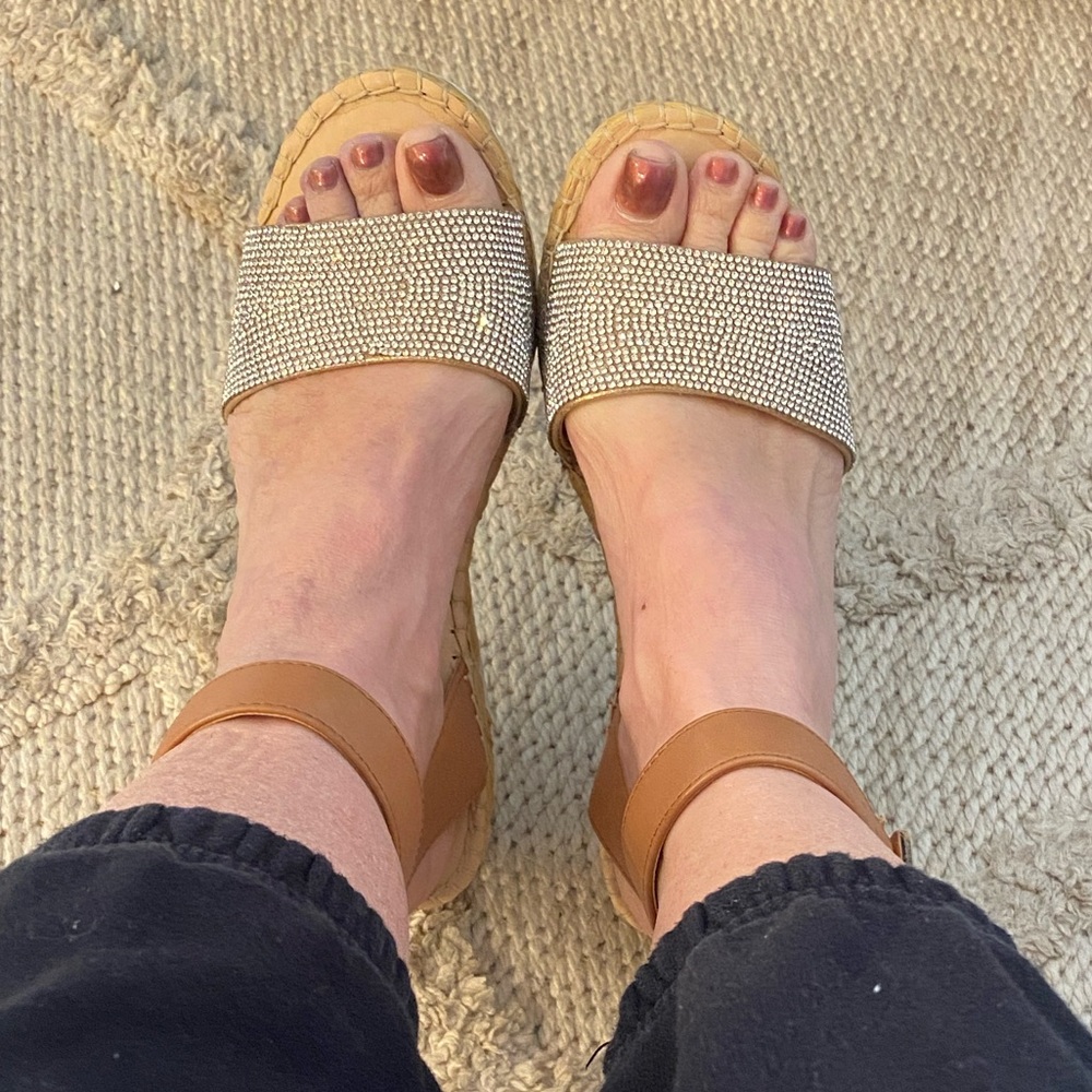 Alex Marie Rhinestone Espadrille Wedge Sandals Tan Ankle Strap Size 6.5M - Picture 3 of 15